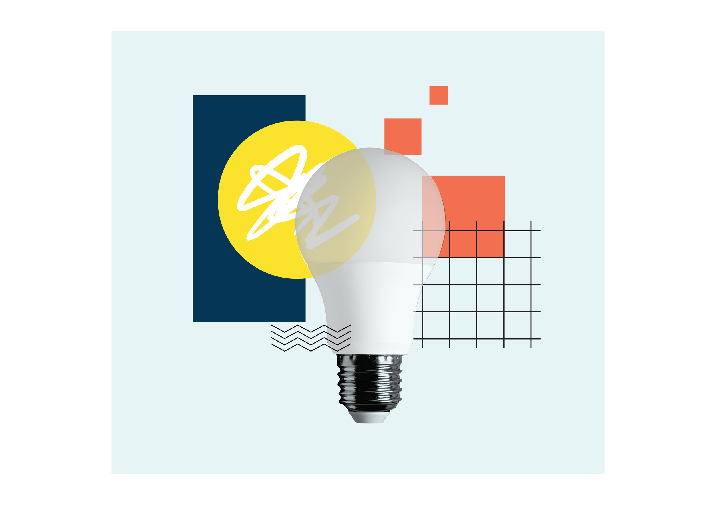 A light bulb with abstract geometric shapes in the background, including a yellow circle, a dark blue rectangle, orange squares, and black grid lines, on a light blue background.