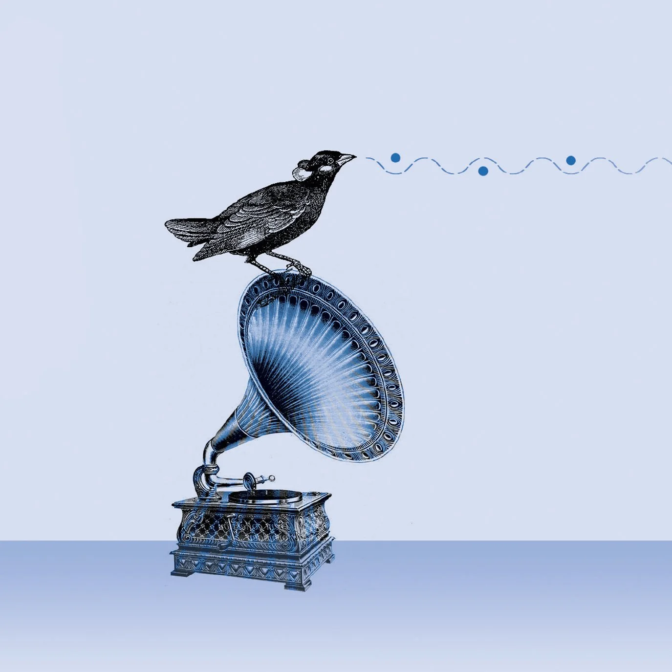 A vintage gramophone with a blue horn and intricate designs, with a bird perched on top of it, as it emits wavy lines and dots representing sound.