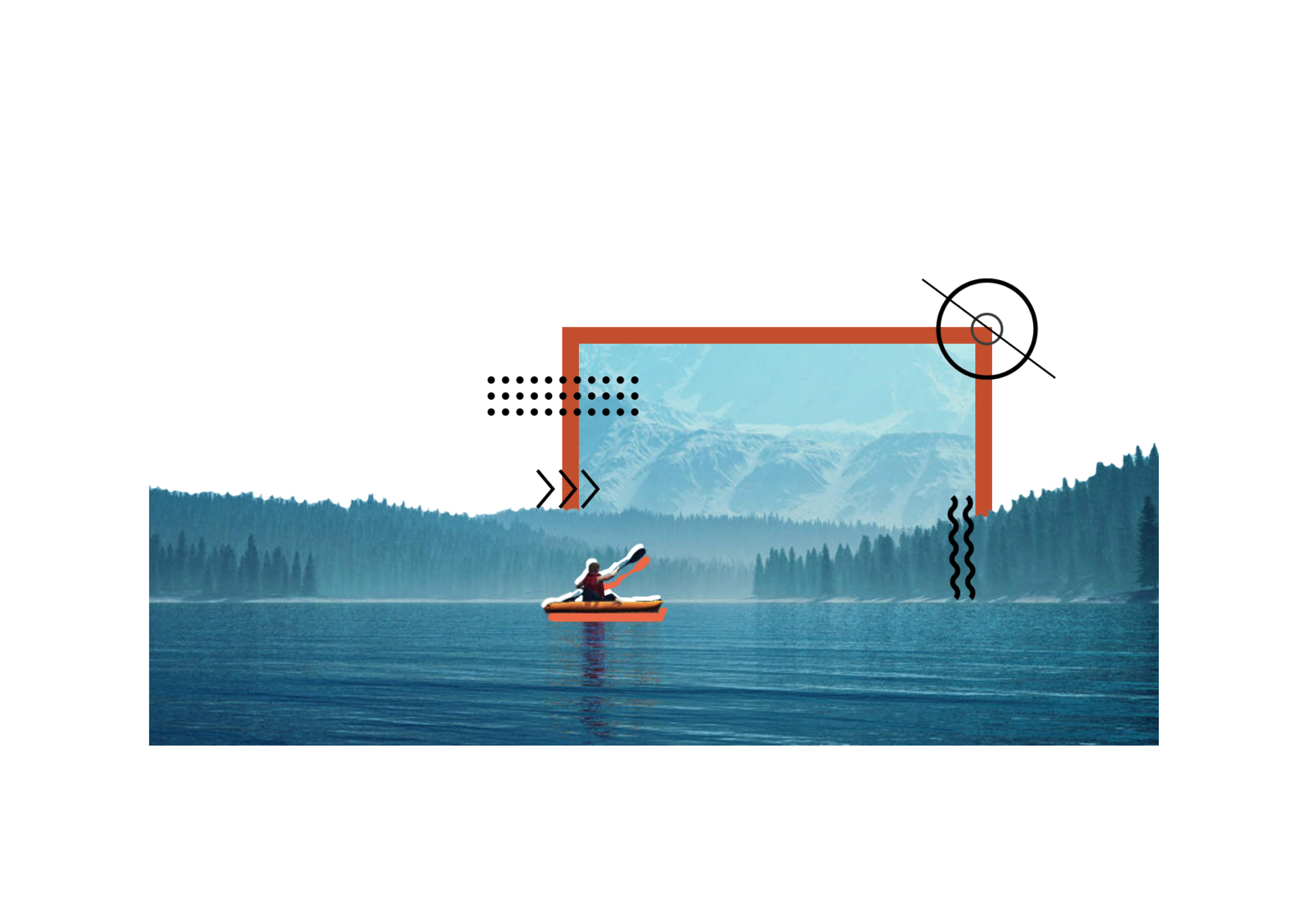 A person kayaking on a lake with mountains and forest in the background, overlaid with graphic design elements and lines.