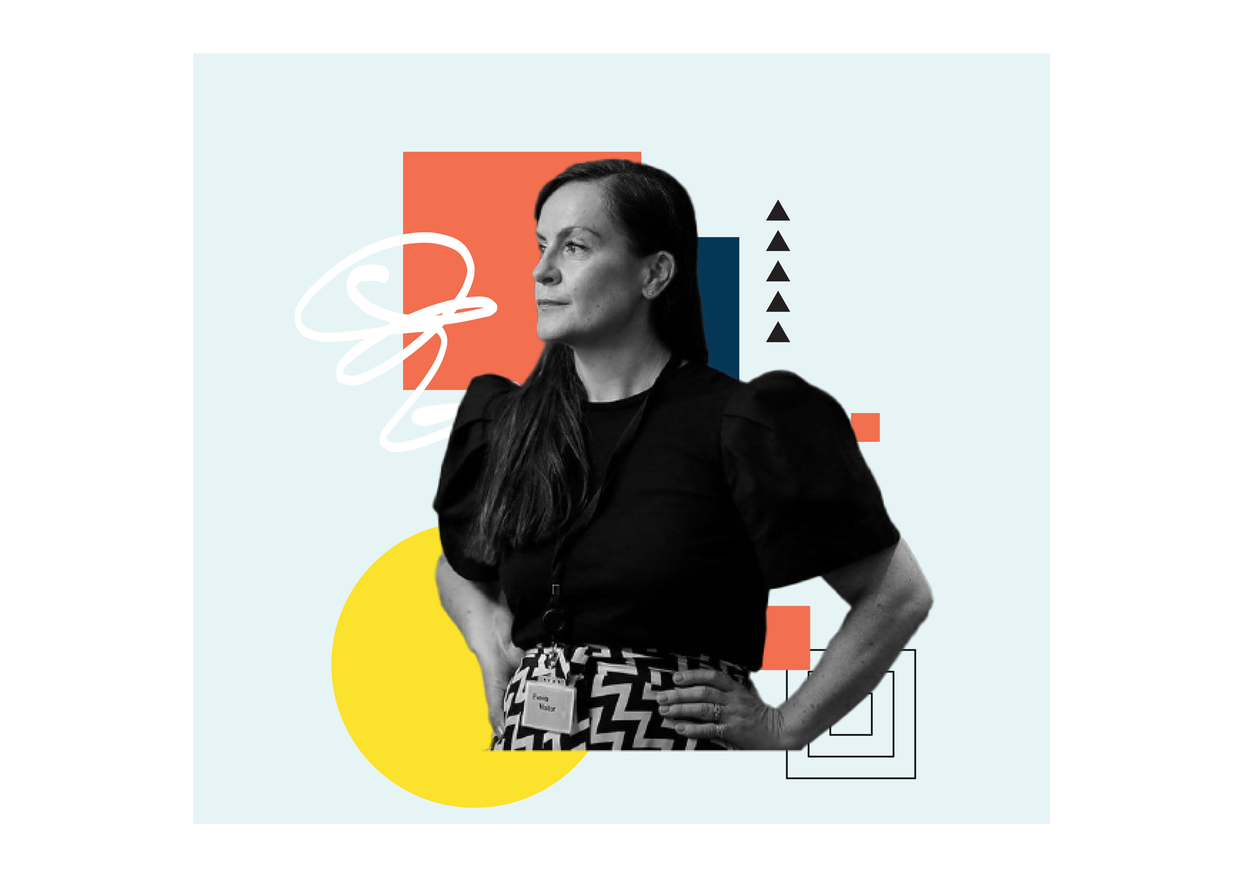 A woman with long dark hair, wearing a black top with puffed sleeves and a patterned skirt, stands with her hands on her hips against a colorful geometric background.