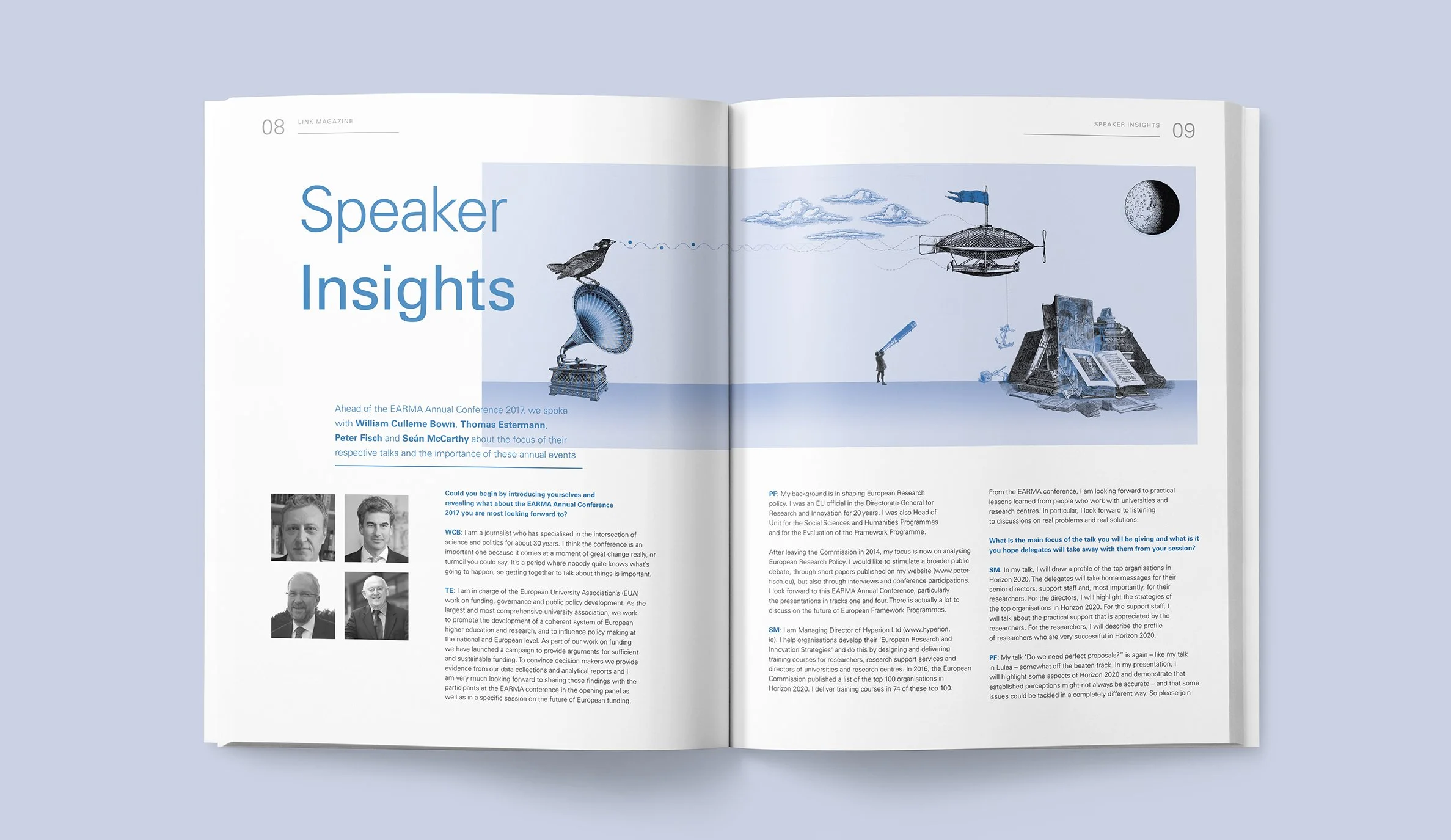 Open magazine spread featuring a blue and white themed layout with illustrations of a bird, a phonograph, a telescope, clouds, a moon, and stacked books, with text titled "Speaker Insights" and photos of four speakers.