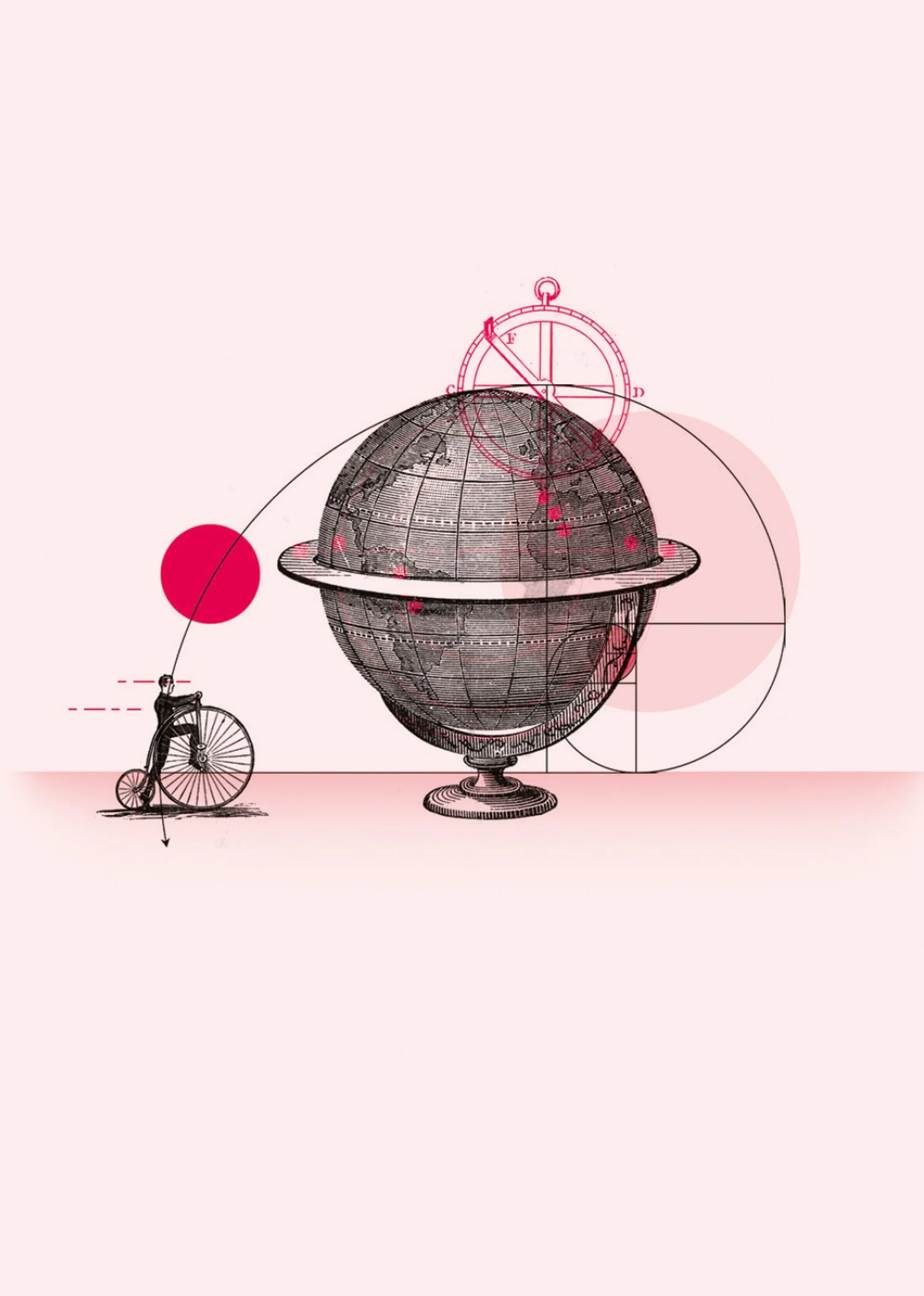 A surreal digital illustration featuring a large globe with a ring around it, resembling a planet with an orbital ring, combined with technical drawing elements like circles and lines. A man on a penny-farthing bicycle is positioned to the left, inte