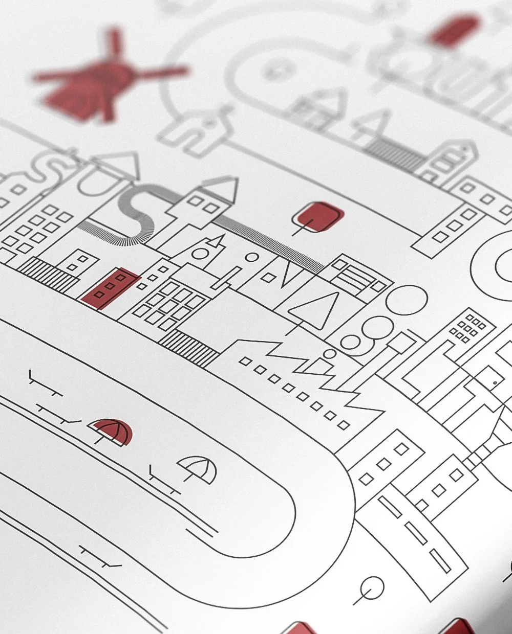 A detailed architectural blueprint of a cityscape including buildings, roads, and a parking lot, with some areas highlighted in red.