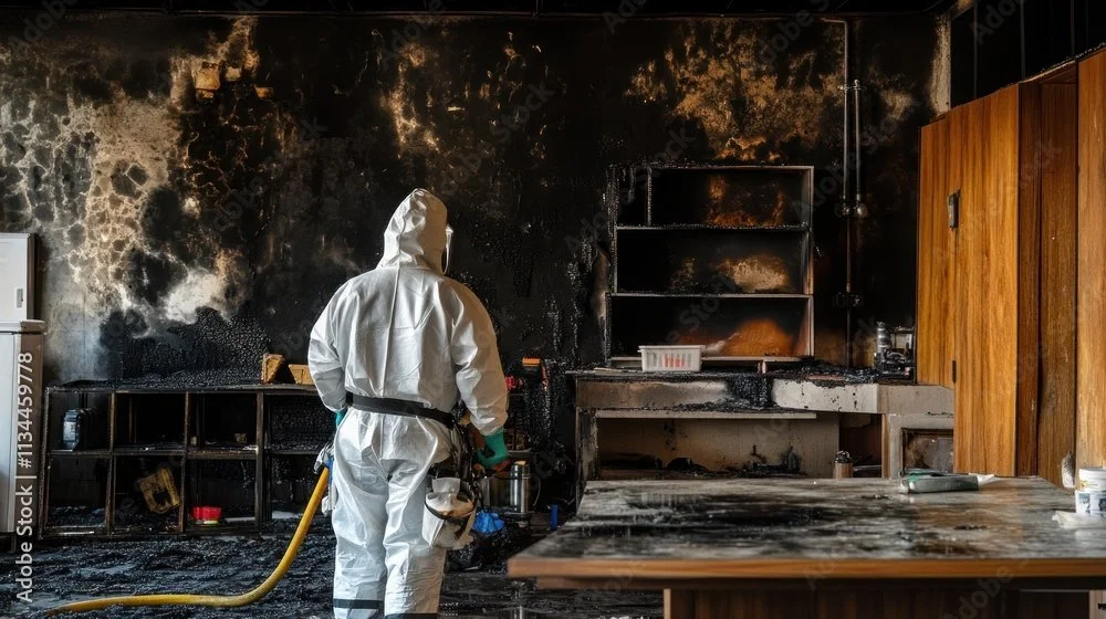Person in hazmat suit using a hose to spray water on a burned kitchen.