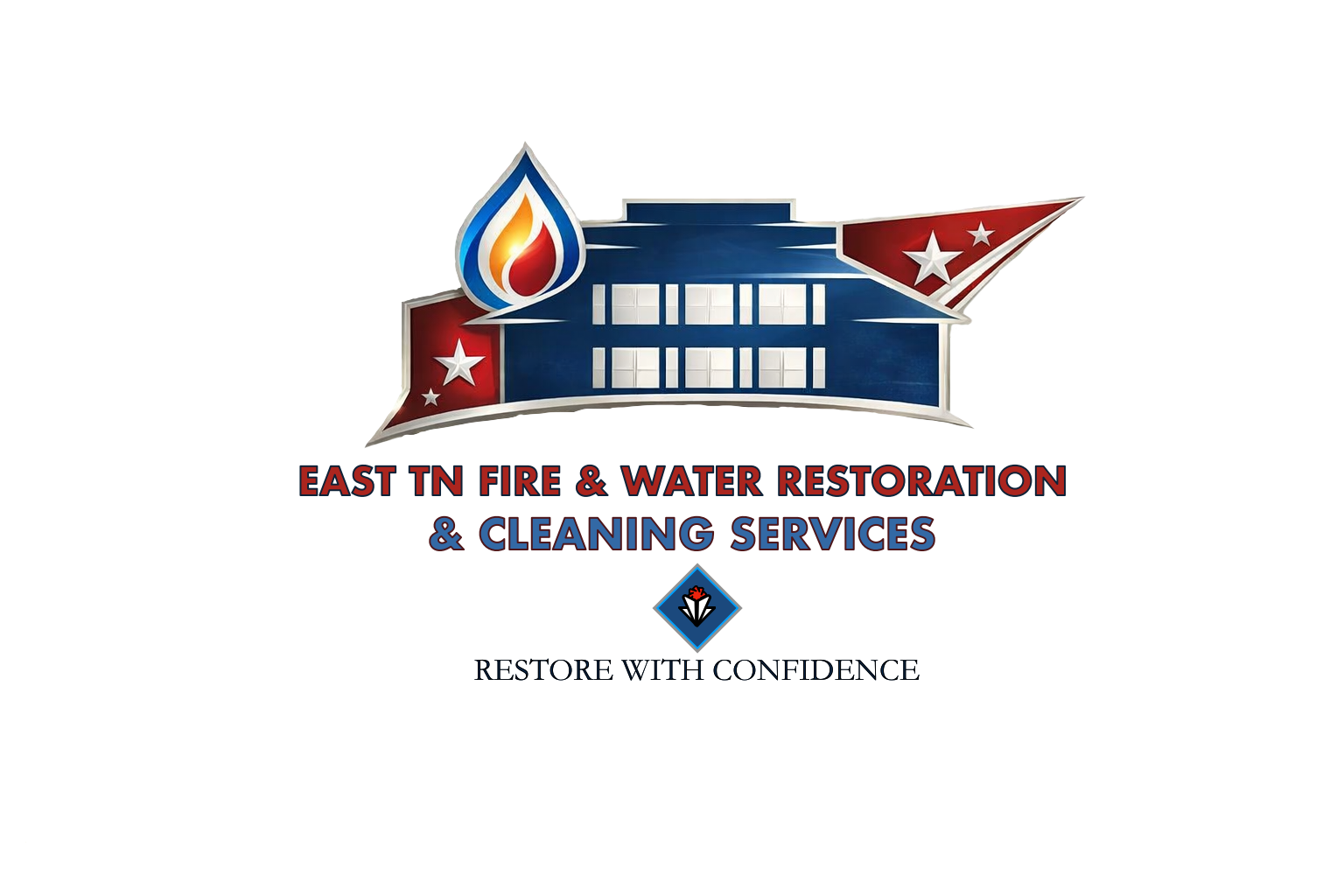 Logo for East TN Fire & Water Restoration & Cleaning Services featuring a house, flames, and stars, with text in red and blue.