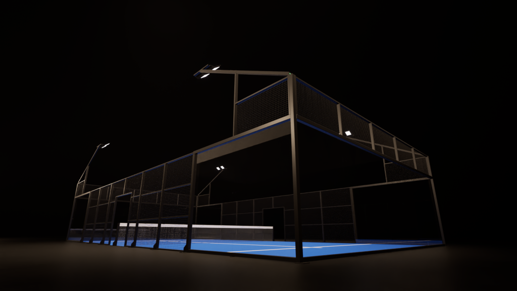Night view of a modern outdoor tennis court with fencing and lighting.