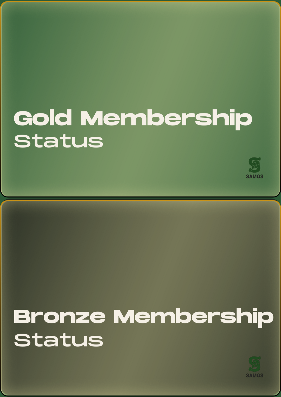 Image showing two membership status cards, one for Gold Membership and one for Bronze Membership, with the Samos Padel logo in the bottom right corner.