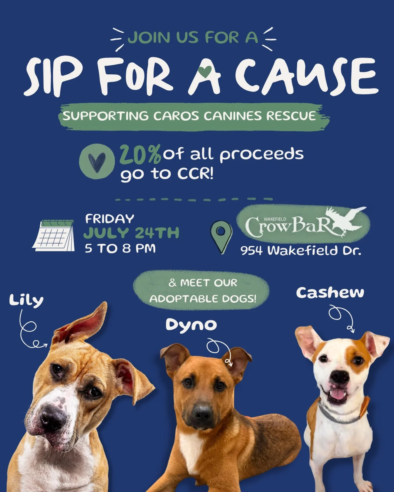 There&rsquo;s a new line up for your Friday night plans 🤪👏🏼

Come SIP FOR A CAUSE with us at @wakefieldcrowbar on Friday, July 24th from 5&ndash;8 PM! 20% of ALL proceeds go straight to Caro&rsquo;s Canines Rescue &mdash; so yes, the drink in your