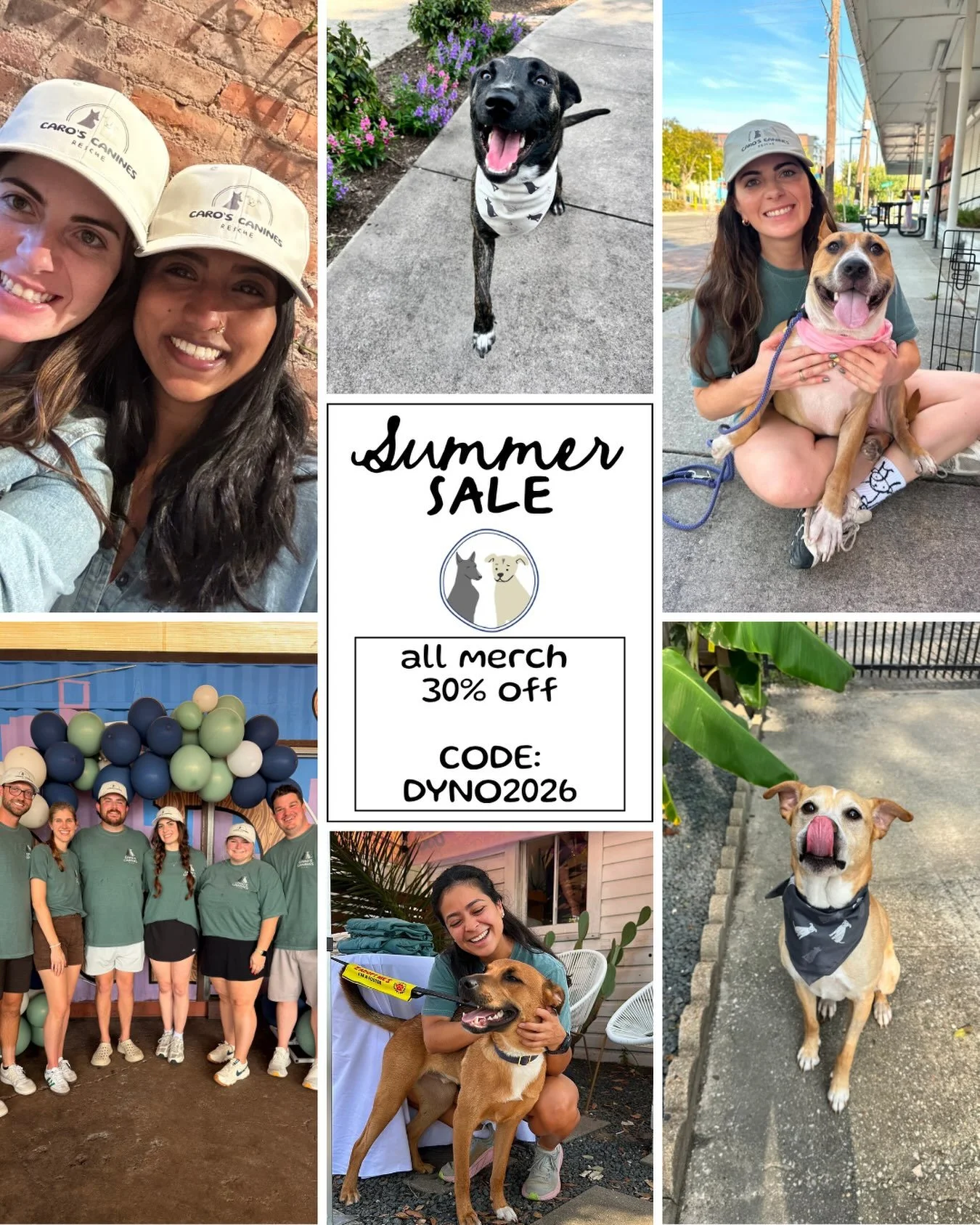 SUMMER MERCH SALE!!! 

Head to caroscanines.com/shop and use code DYNO2026 to save on merch 💙💚 we have our signature logo on ivory and cream comfort colors shirts, a cream hat we wear every day and bandanas for your pups. We need to clear some inve