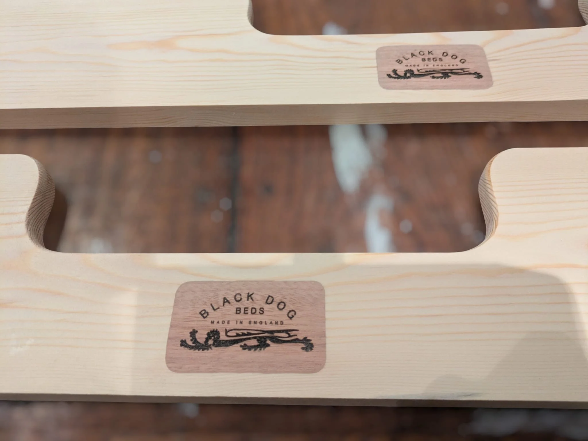 Close-up of wooden bed frames with