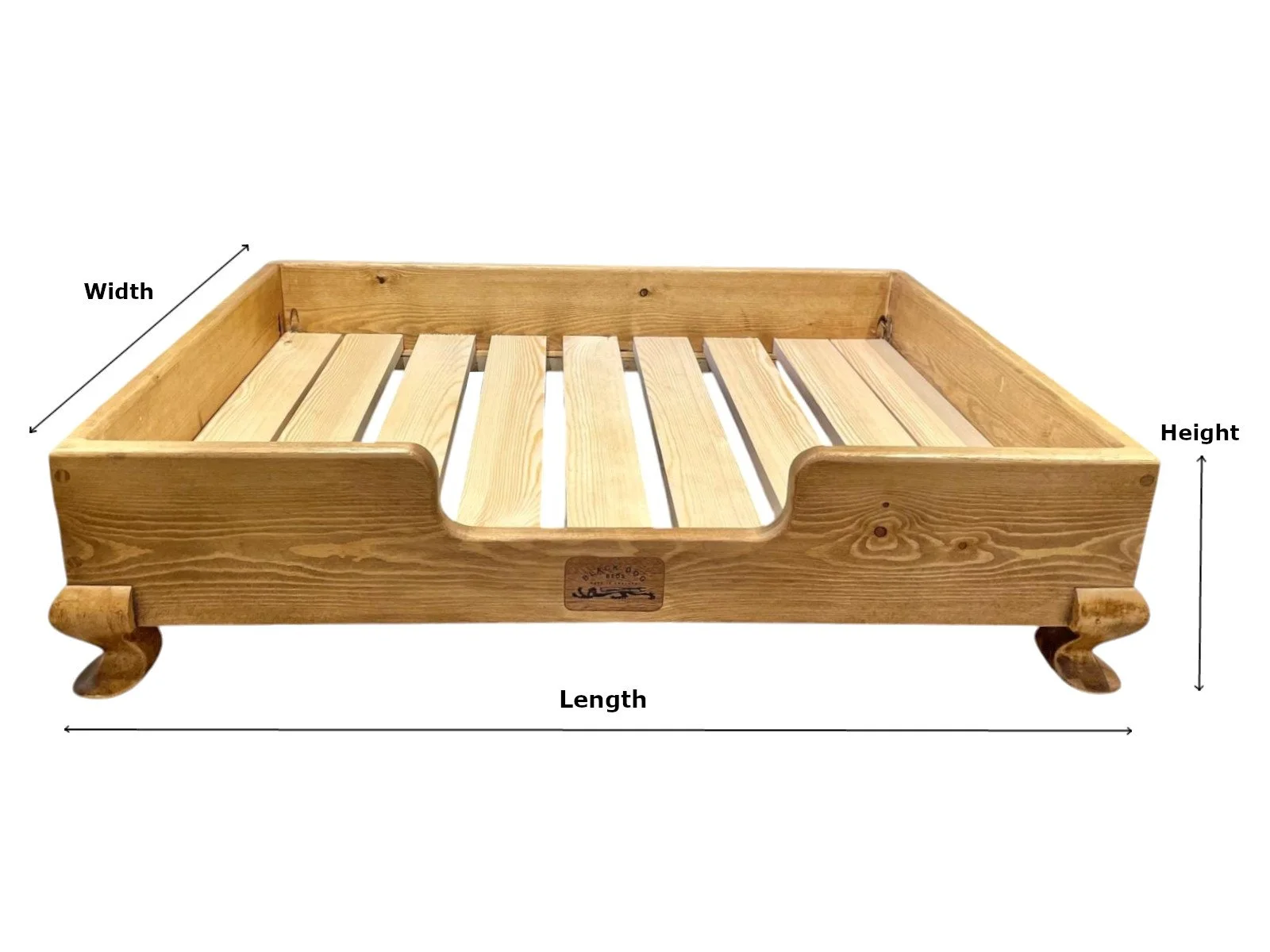 A wooden bed frame with four curved legs, side rails, and slats, labeled with dimensions for width, length, and height.