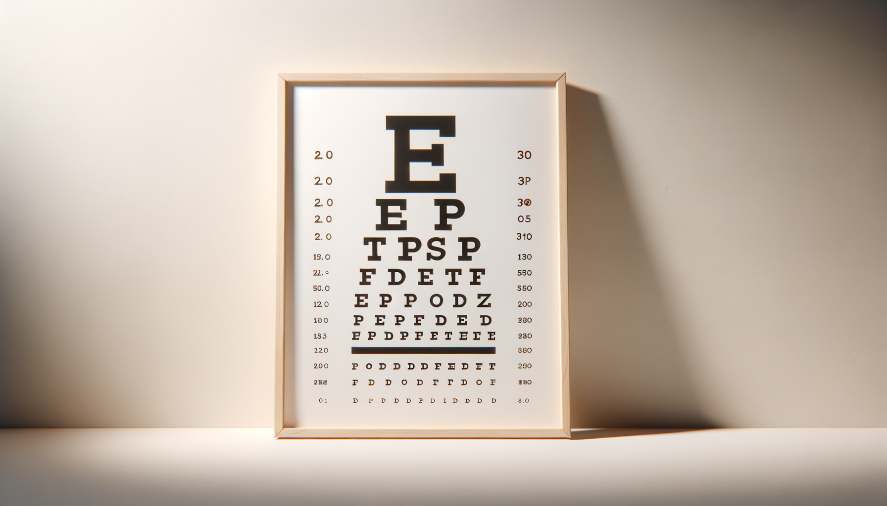 Eye chart on a white wall with black letters, numbers, and symbols.