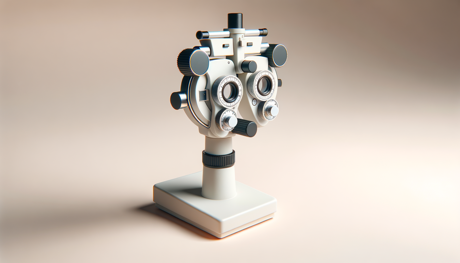 A modern slit lamp biomicroscope used for eye examinations, featuring a compact design with control knobs and lenses, placed on a beige background.
