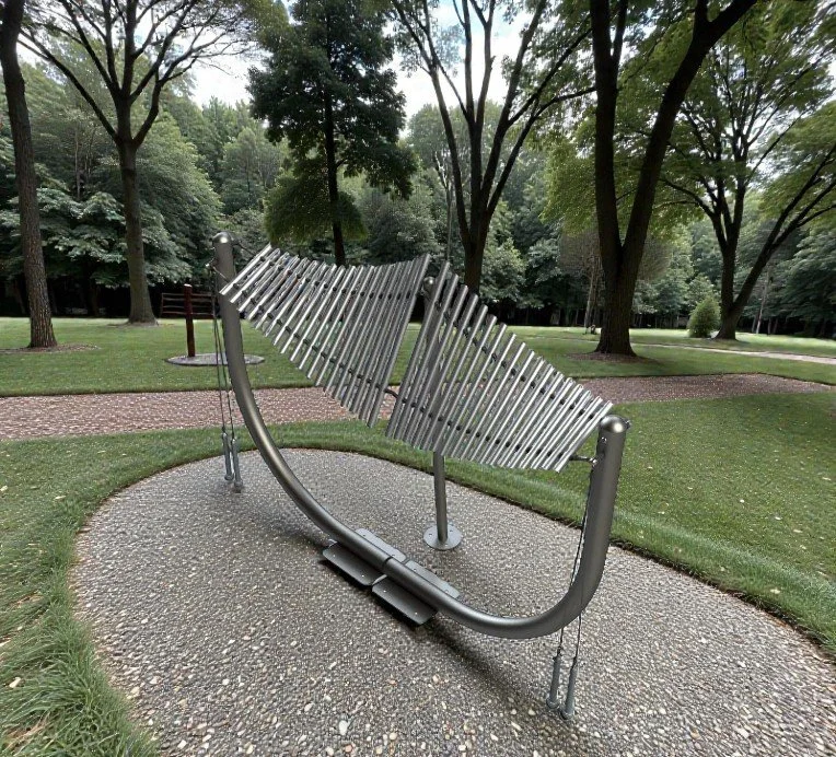 A metal outdoor musical instrument resembling a large xylophone with metal bars, situated on a paved circular area in a park with green grass and tall trees.