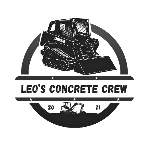 Logo featuring a black and white illustration of a bulldozer above a banner with the text "Leo's Concrete Crew", with the year 2021 and an excavator below.