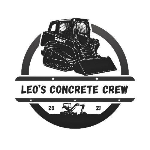 Logo for Leo's Concrete Crew featuring a concrete mixer truck and construction tools, with the year 2021.