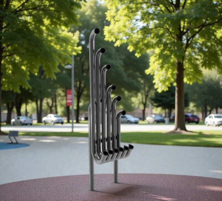 Outdoor scene featuring a metal sculpture resembling six upright golf clubs on a park bench, surrounded by trees and parked cars in the background.