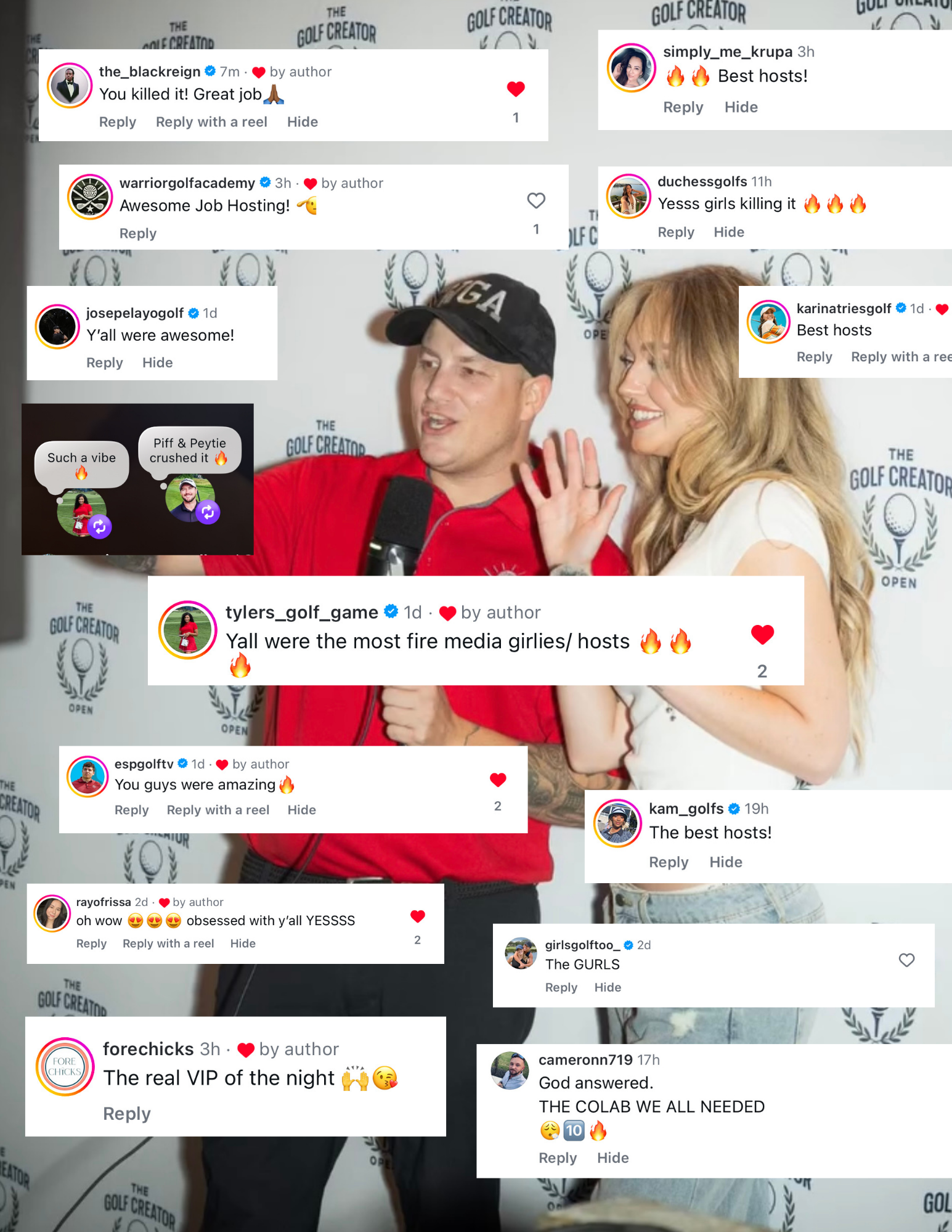 A man and woman standing in front of a backdrop with the logo 'The Golf Creator Open.' The man is wearing a red shirt and a black cap, and the woman is smiling with blonde hair. They are surrounded by social media comments congratulating them on their event or appearance.