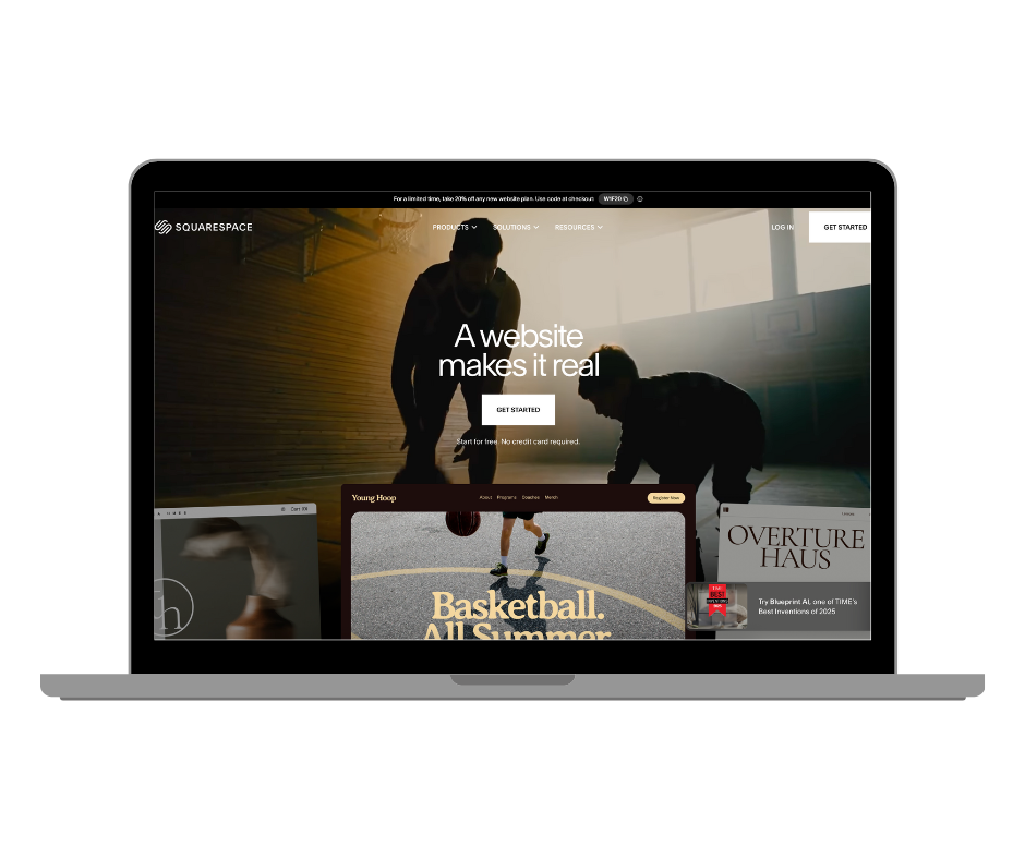 Laptop displaying the homepage of a website called Squarespace, featuring a background image of two people playing basketball indoors, with the headline 'A website makes it real' and a 'Get Started' button.