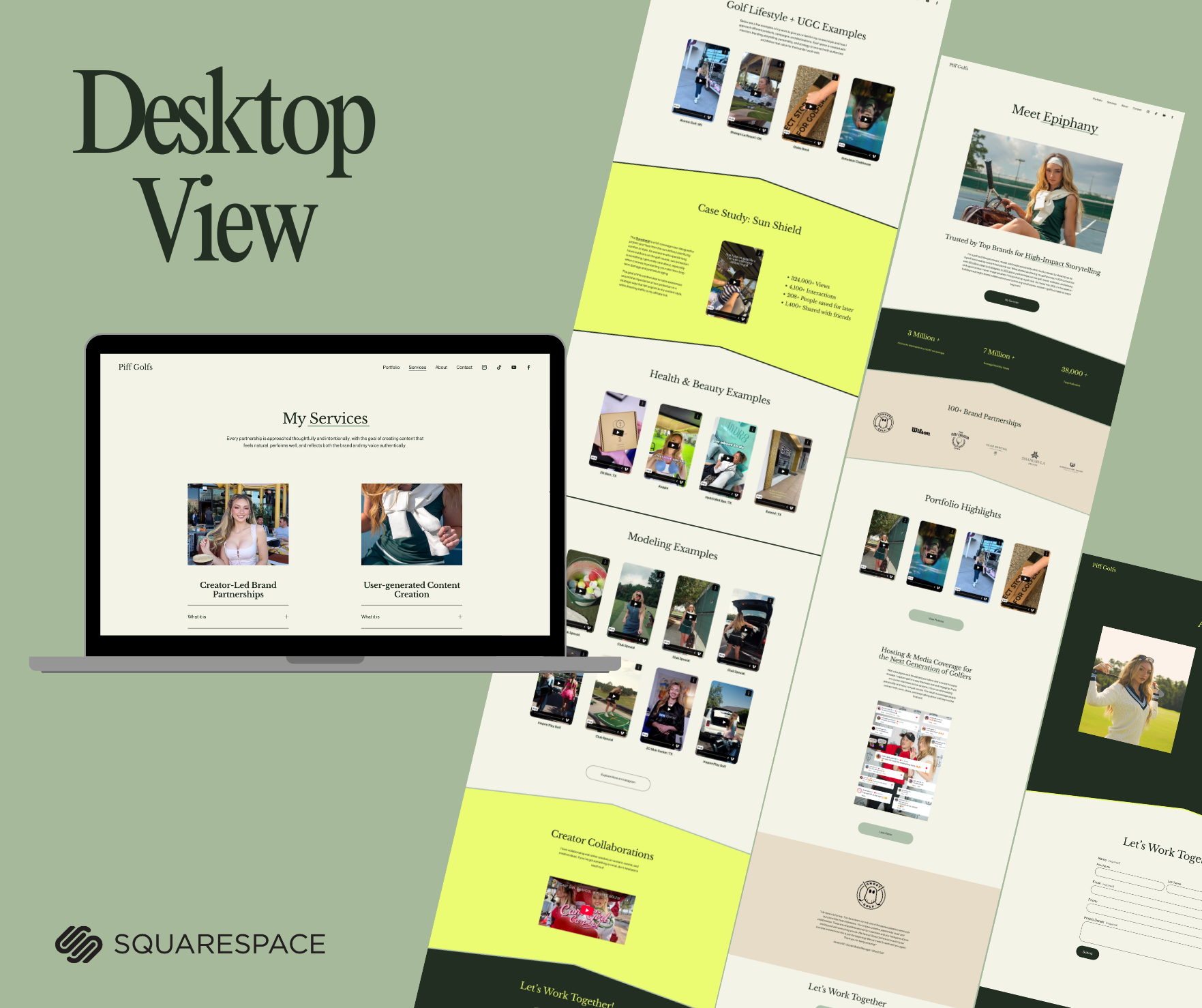 A collage of five website mockups and a laptop displaying a website, with the text 'Desktop View' on a green background. The designs showcase different web pages with various images and text, emphasizing services, examples, and collaboration themes.