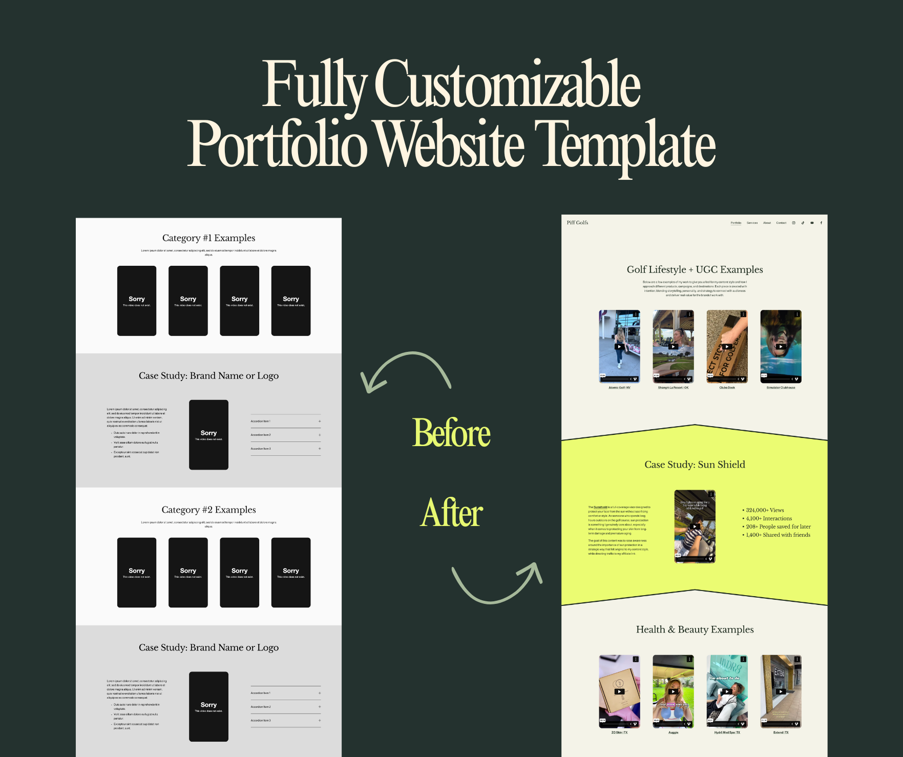 Comparison of a website template before and after redesign, showing a grayscale layout on the left and a colorful, customized version on the right.