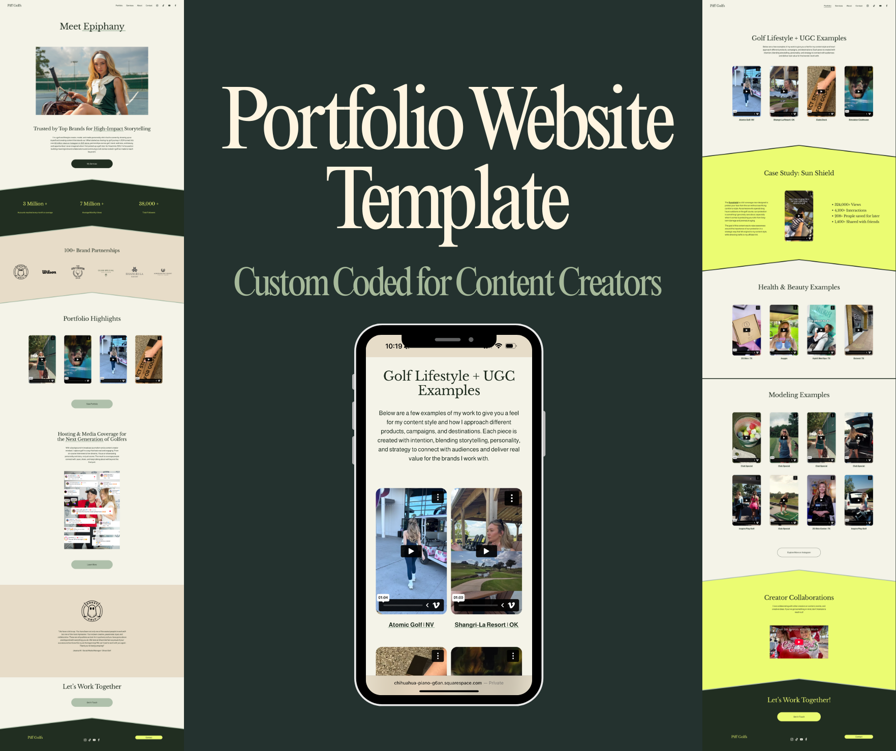 A website template for a portfolio, featuring sections with images, text, and examples of golf lifestyle, health, modeling, and creator collaborations, with a large central mobile phone display.