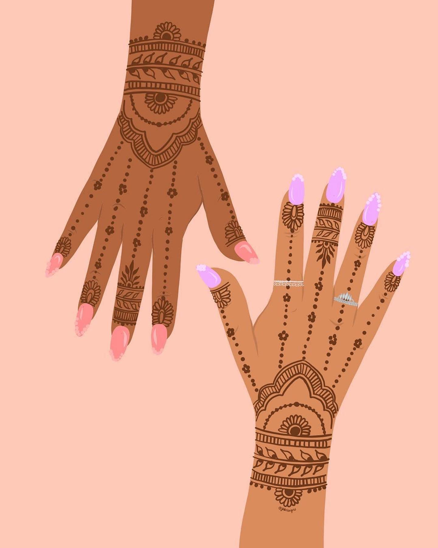 @zhkdesigns⁣
・・・⁣
As wedding season approaches, new mendhi trends arise ✨ Mendhi (or henna) is typically applied on brides a symbol of joy, beauty, offering and spirituality. Mendhi is popular in Pakistan, Africa, India and the Middle East. In additi