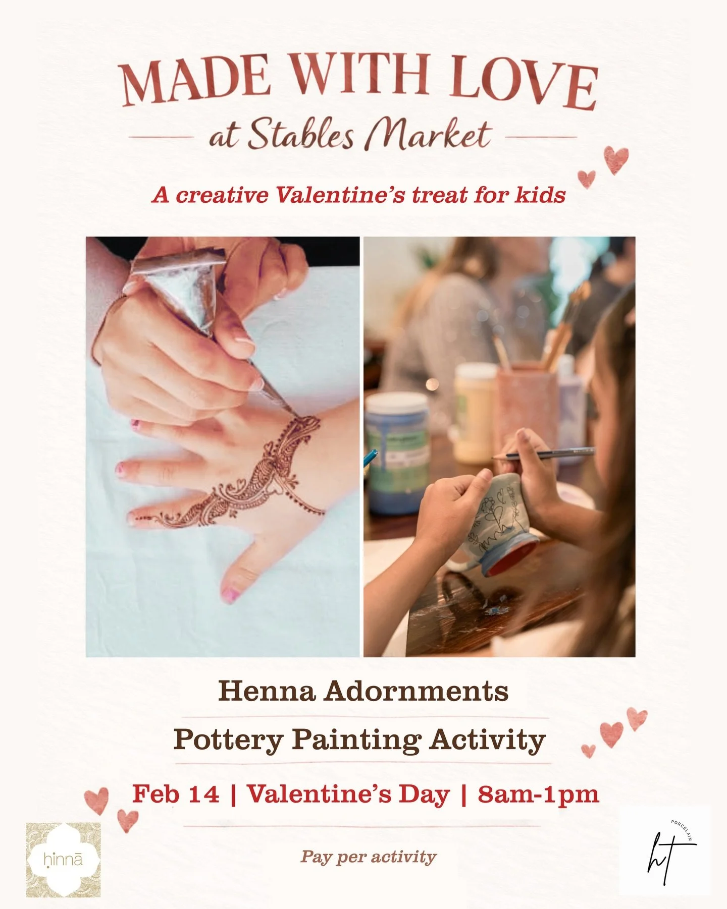 💘 Valentine&rsquo;s plans for the little ones!

Henna adornments, pottery painting, and lots of creative fun! 

Made with love at Stables Market &hearts;️ 

📅 Feb 14 &middot; 8am&ndash;1pm
📍 Stables Market

Pay per activity ✨