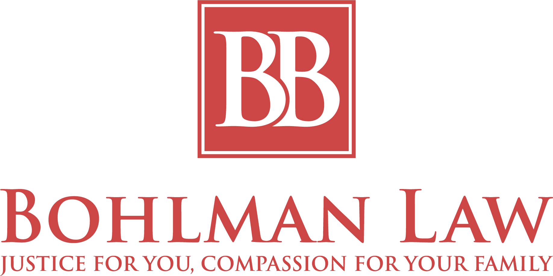 The image displays a logo for Bohlman Law with a large letter 'B' inside a red square, and the text 'BOHLMAN LAW' underneath, followed by the slogan 'Justice for you, compassion for your family'.
