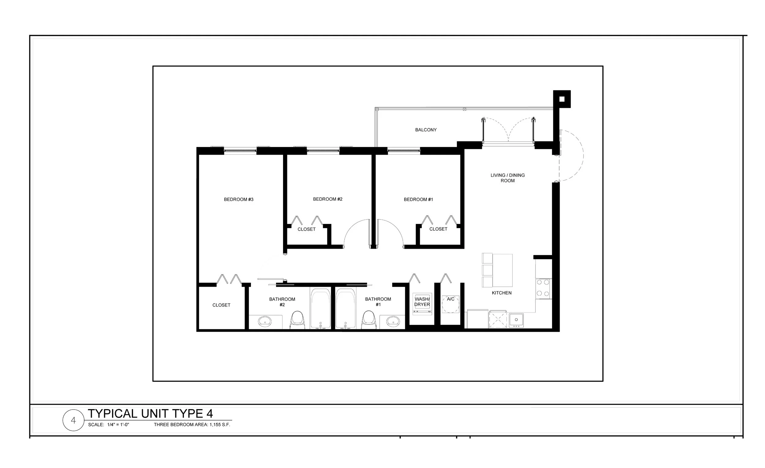 Floor plan of a typical three-bedroom apartment unit showing three bedrooms, two bathrooms, a kitchen, a living/dining room, a balcony, and closets.