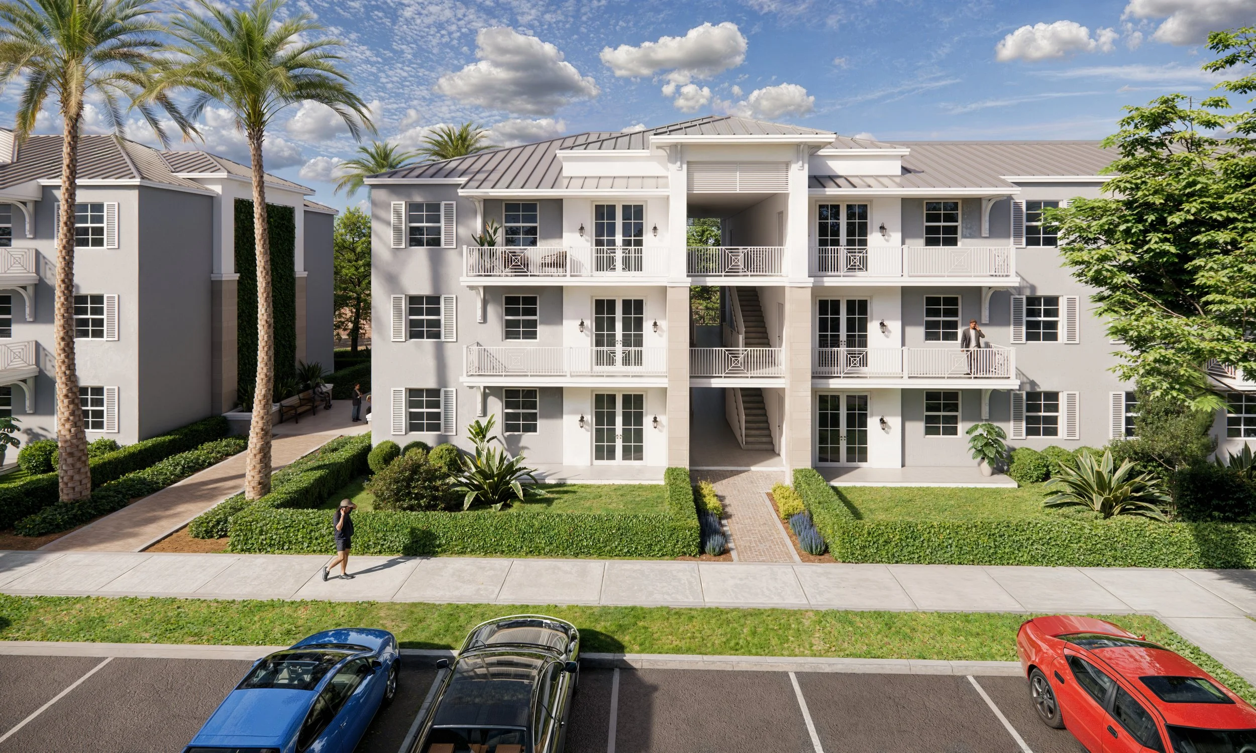 Multi-story residential apartment building with balconies, surrounded by green landscaping, with parked cars in the foreground and a woman walking on the sidewalk.