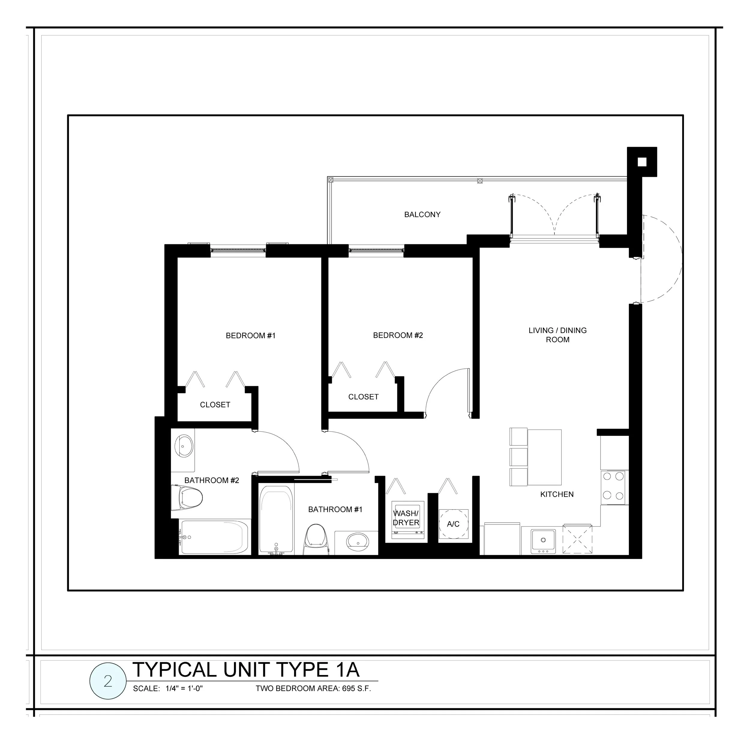 Floor plan of a two-bedroom apartment featuring a living/dining room, kitchen, two bathrooms, two bedrooms each with closets, a balcony, a washer/dryer, and an air conditioning unit.