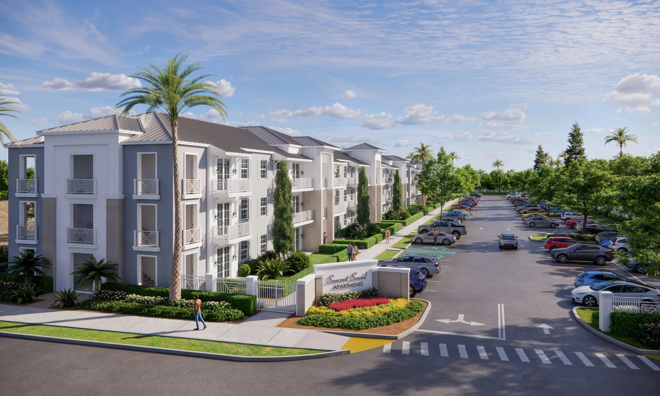 Rendering of Seacrest Sound Apartments with white multi-story buildings, landscaped grounds, a parking lot with cars, sidewalk with pedestrians, and palm trees under a blue sky.