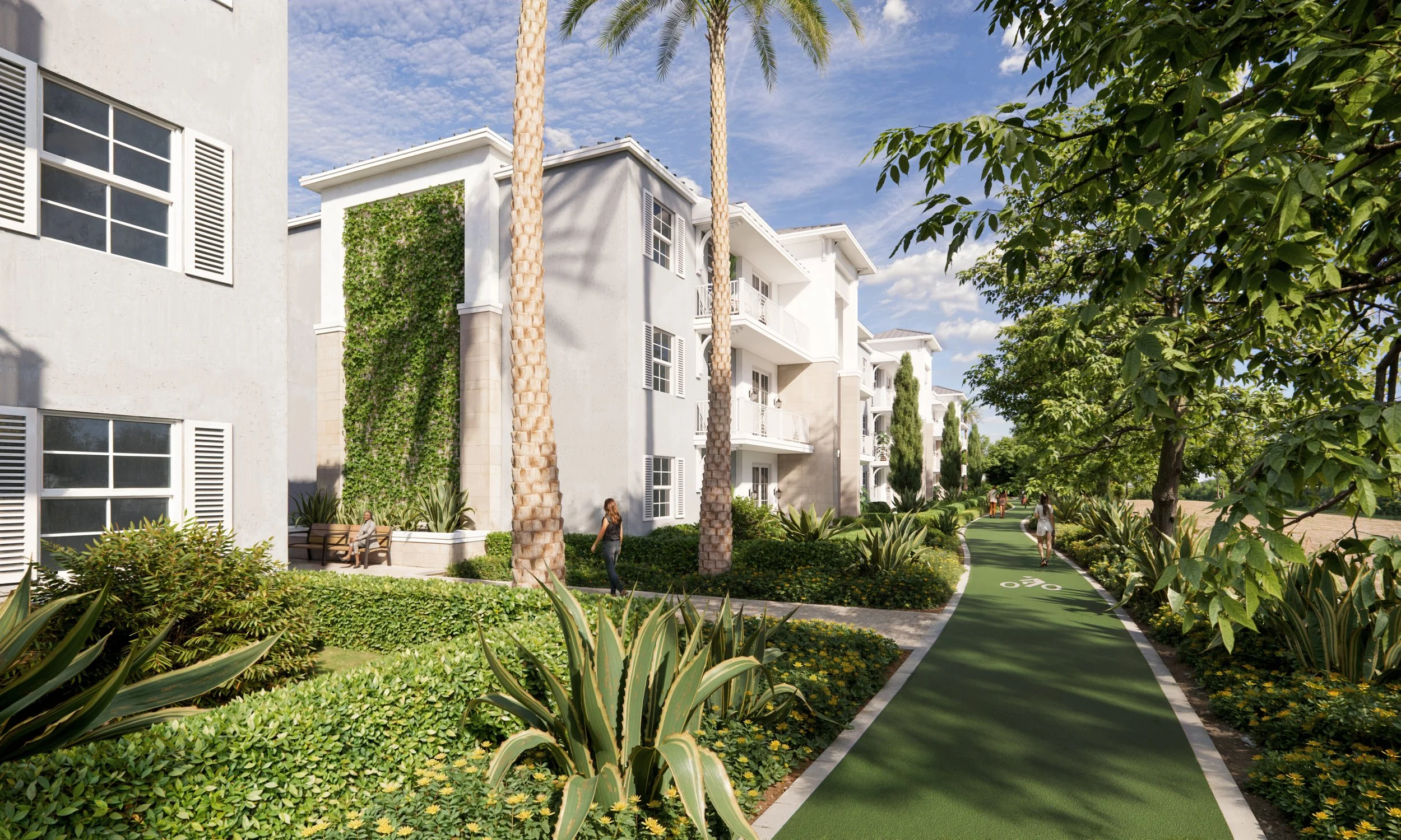 A landscaped residential area with walkways, palm trees, and modern apartment buildings, in sunny weather.