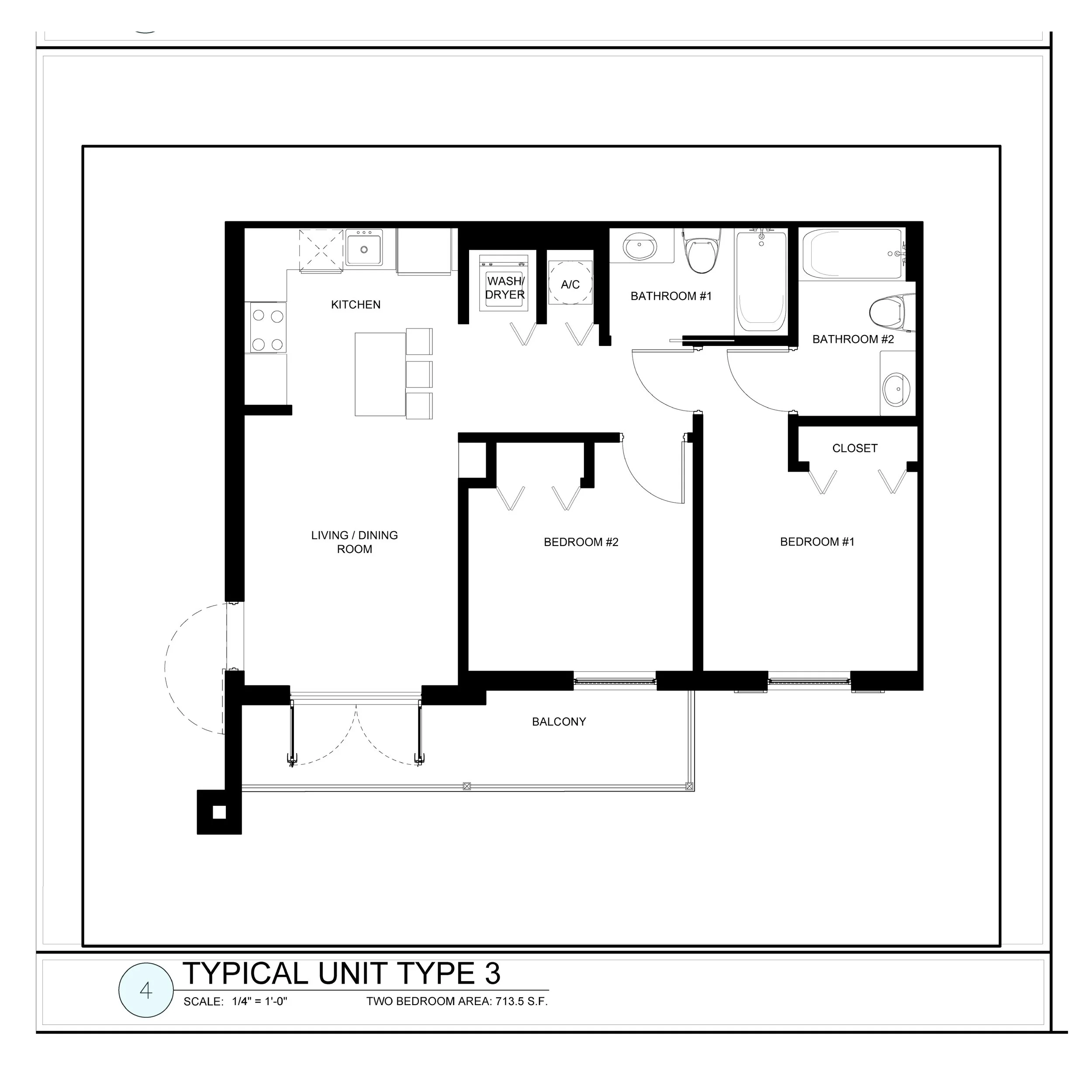 Floor plan of a two-bedroom apartment labeled as Typical Unit Type 3, featuring a living/dining room, kitchen, two bedrooms, two bathrooms, a balcony, and utility areas.