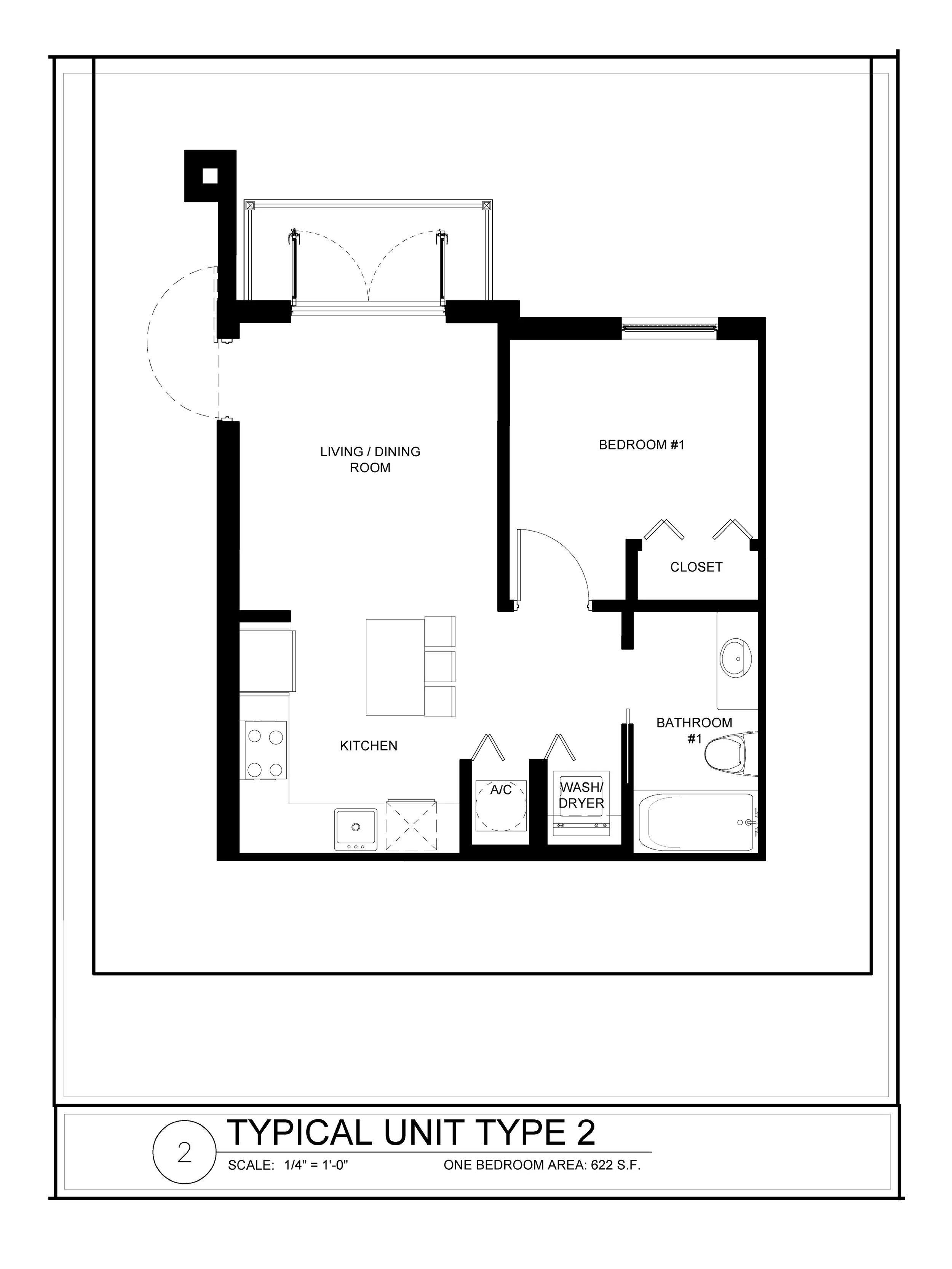 Floor plan of a one-bedroom apartment labeled as Typical Unit Type 2, measuring 622 square feet, including a living/dining room, kitchen with appliances, bedroom with closet, bathroom, washer/dryer, and shared balcony.