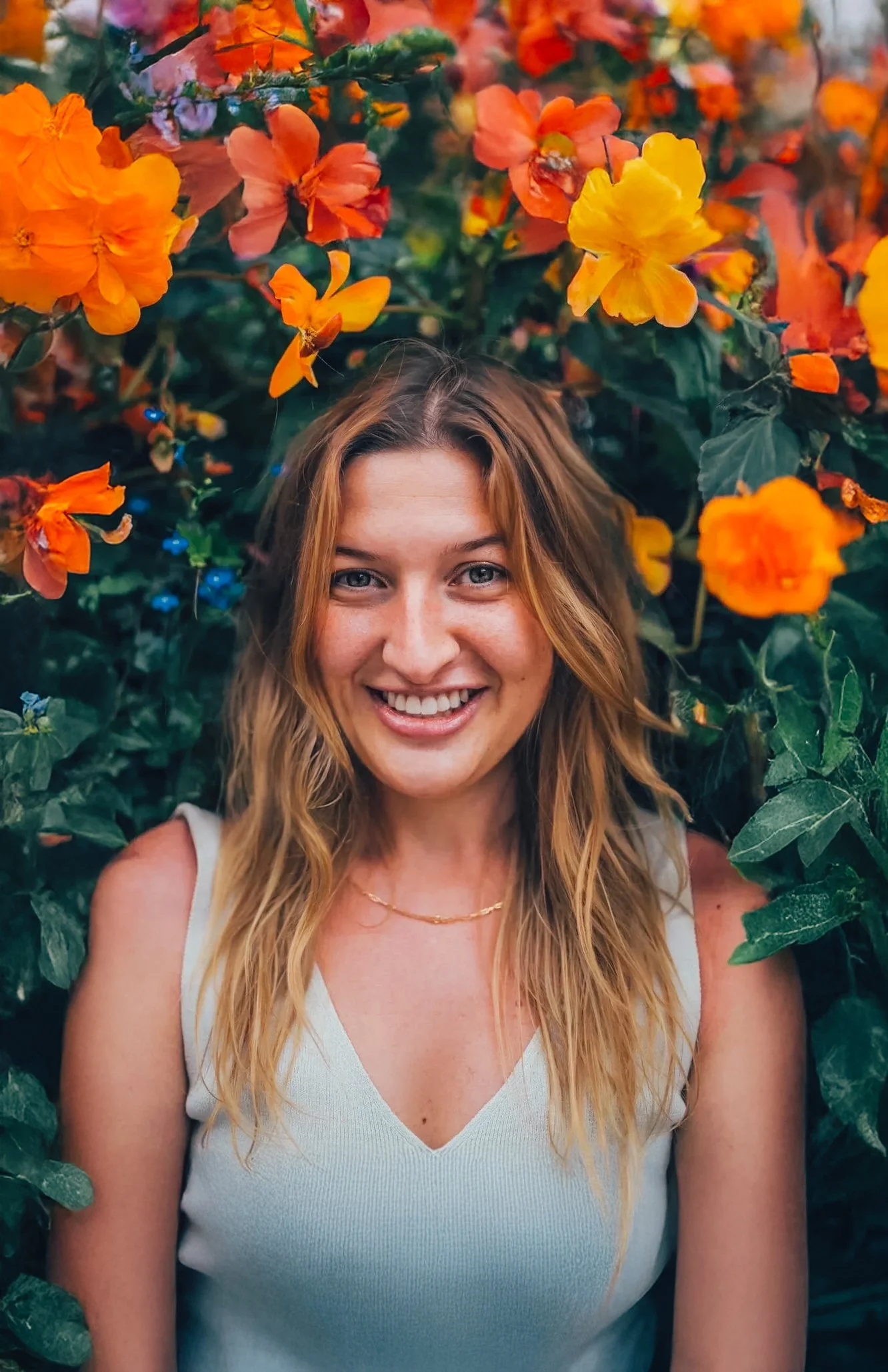 A smiling woman with long wavy blonde hair posing among vibrant orange and yellow flowers and green foliage.