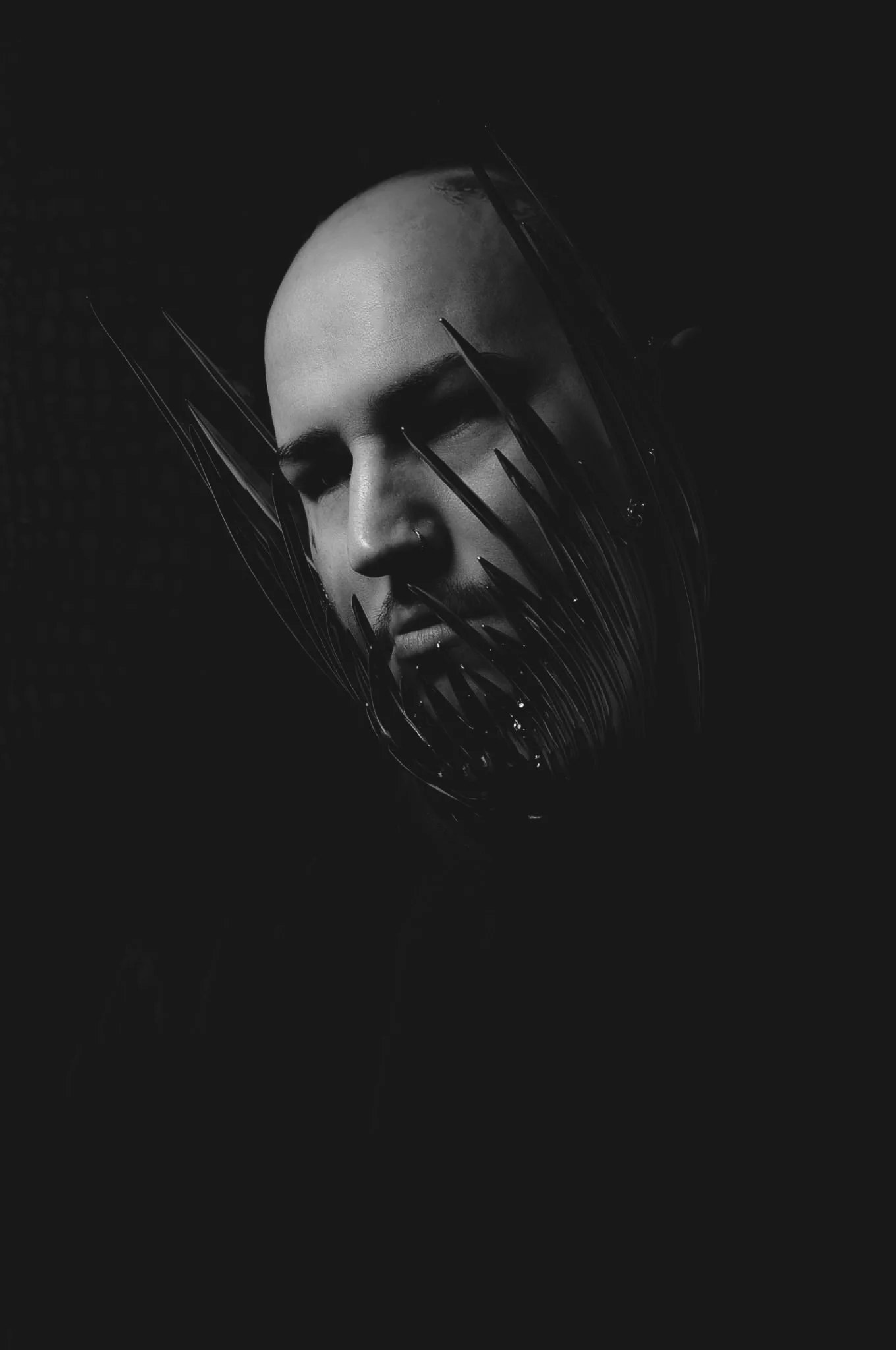 Black and white portrait of a bald person with a beard, surrounded by sharp, black, plant-like structures.