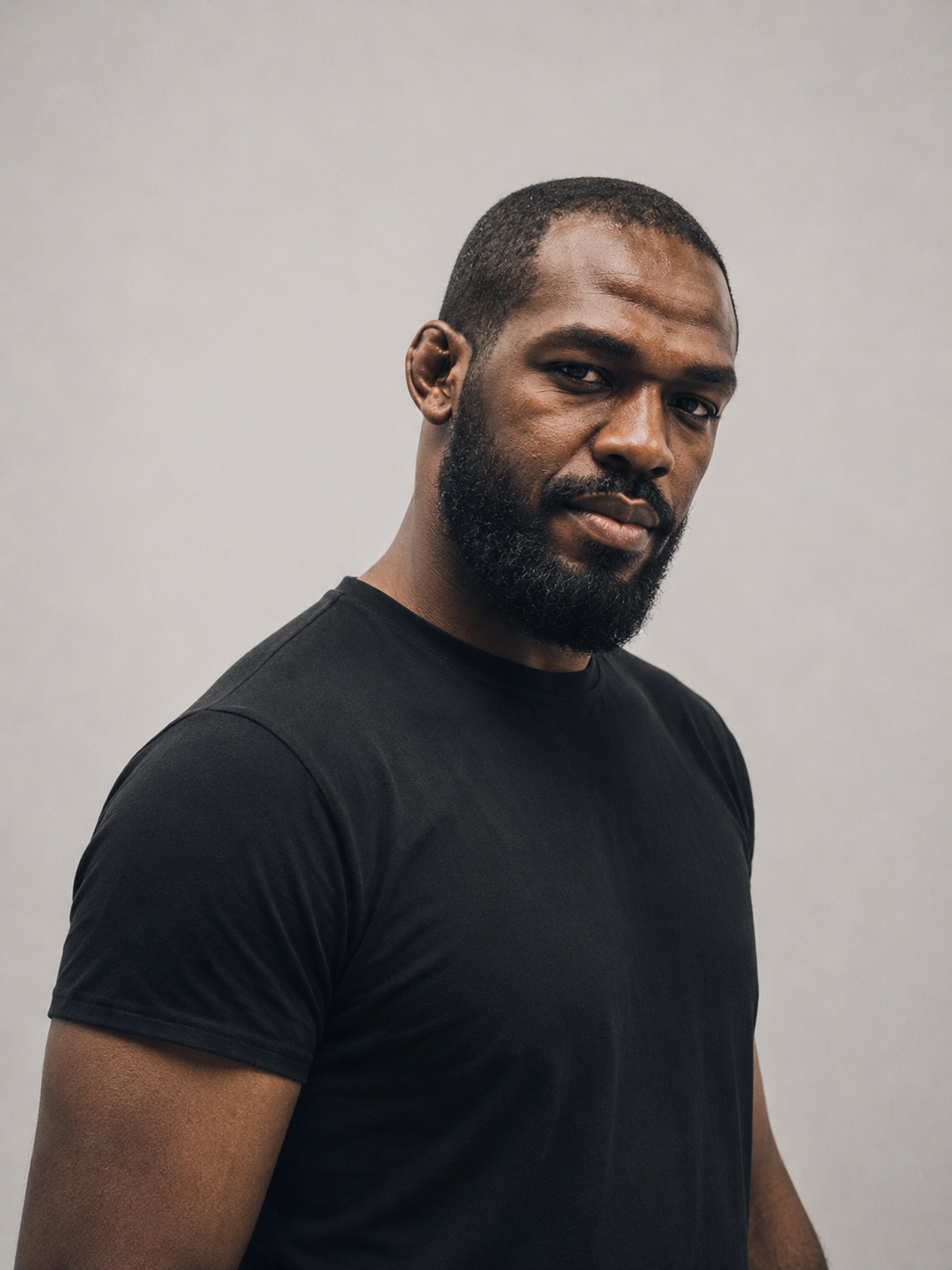 Portrait of a man with dark skin, short black hair, and a beard, wearing a black T-shirt, standing against a plain gray background.