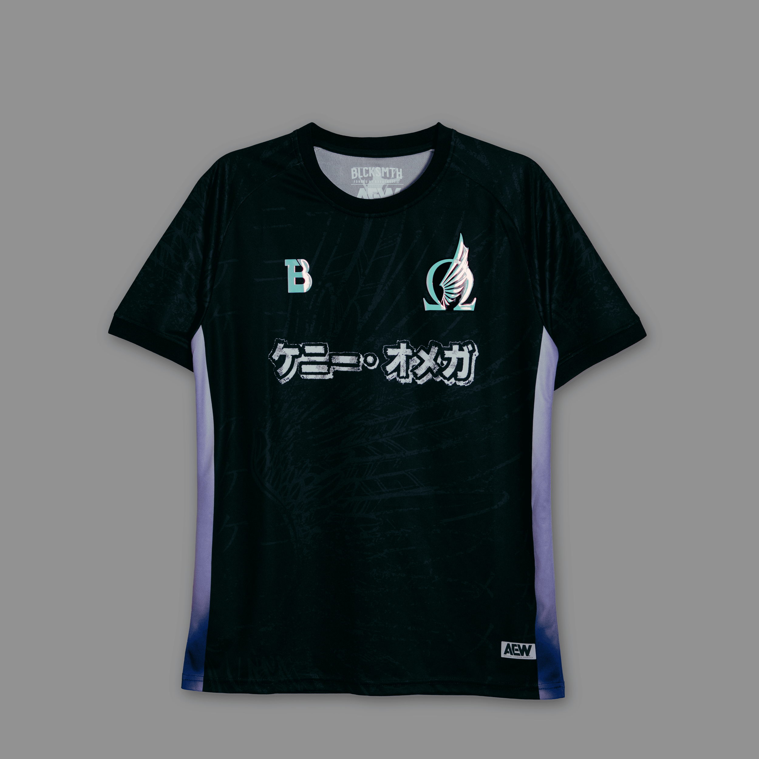 Black sports jersey with purple and white accents, logos, and Japanese text on the front, displayed against a gray background.