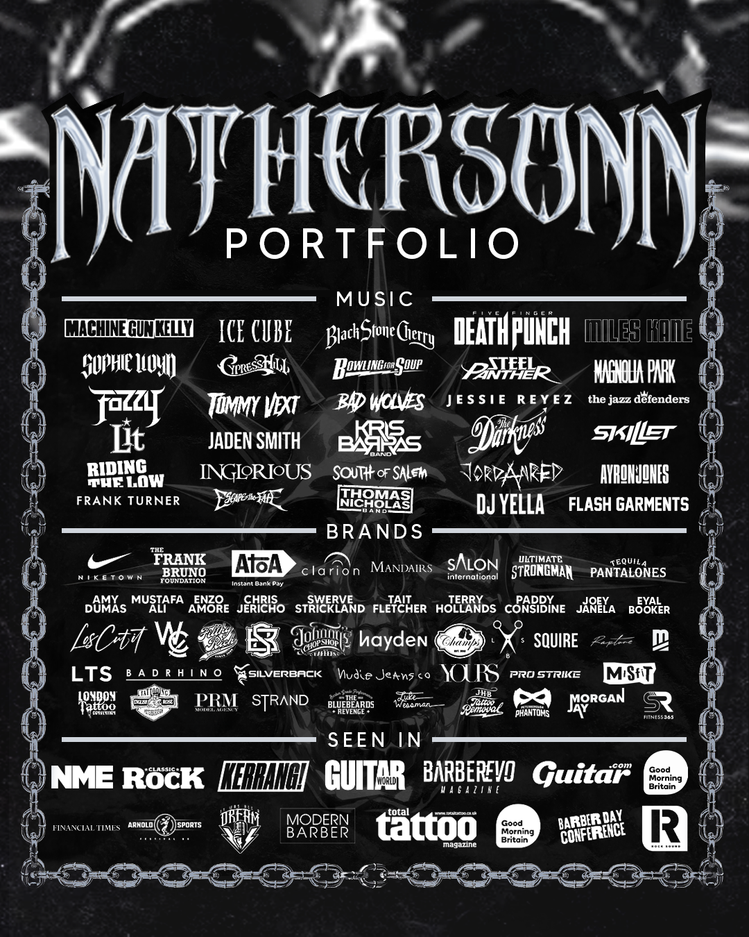 Portfolio cover featuring the title Not Hersound with a chain border and sections listing music artists, brands, and media outlets.