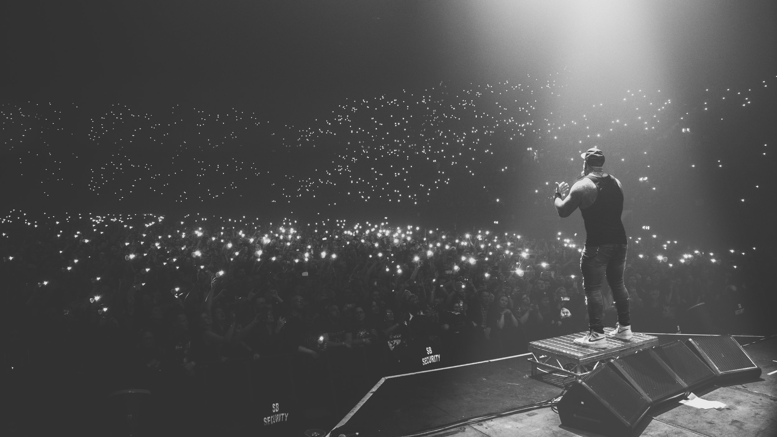 A performer on stage during a concert, facing a large audience holding up lights, with spotlights shining.