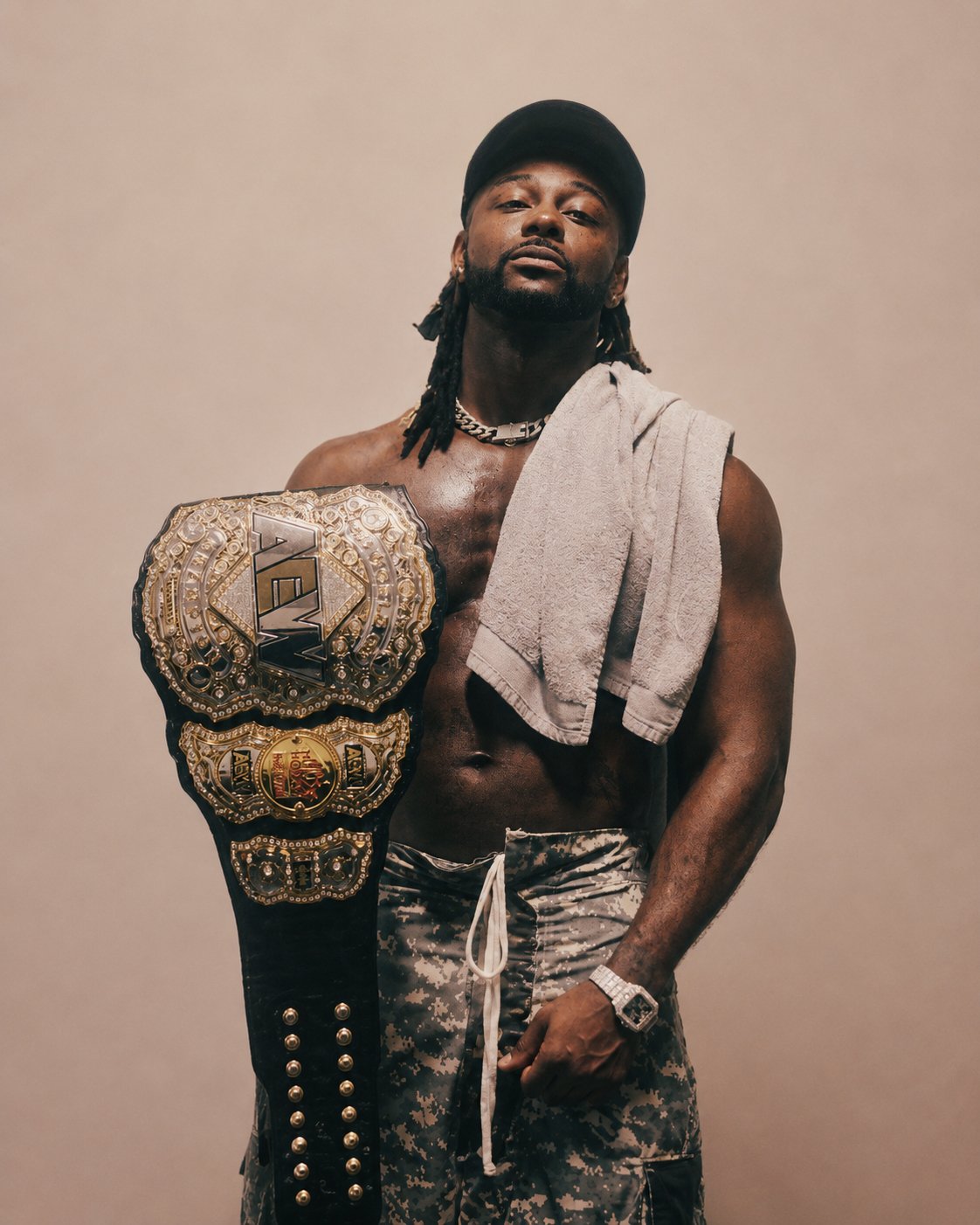 A shirtless man with long dreadlocks, wearing a cap, a chain necklace, and camouflage shorts, holding a large championship belt over his shoulder. He has a towel draped over one shoulder and is wearing a watch.