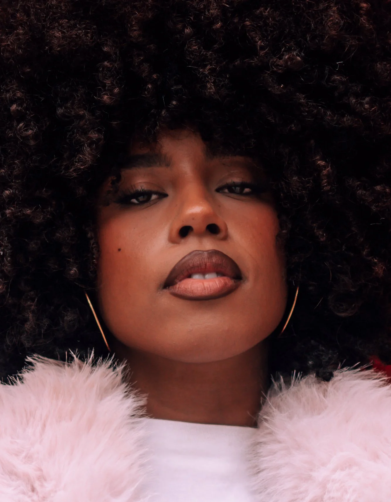 Close-up of a woman with dark curly hair, wearing hoop earrings, dark lipstick, and a pink fur collar.