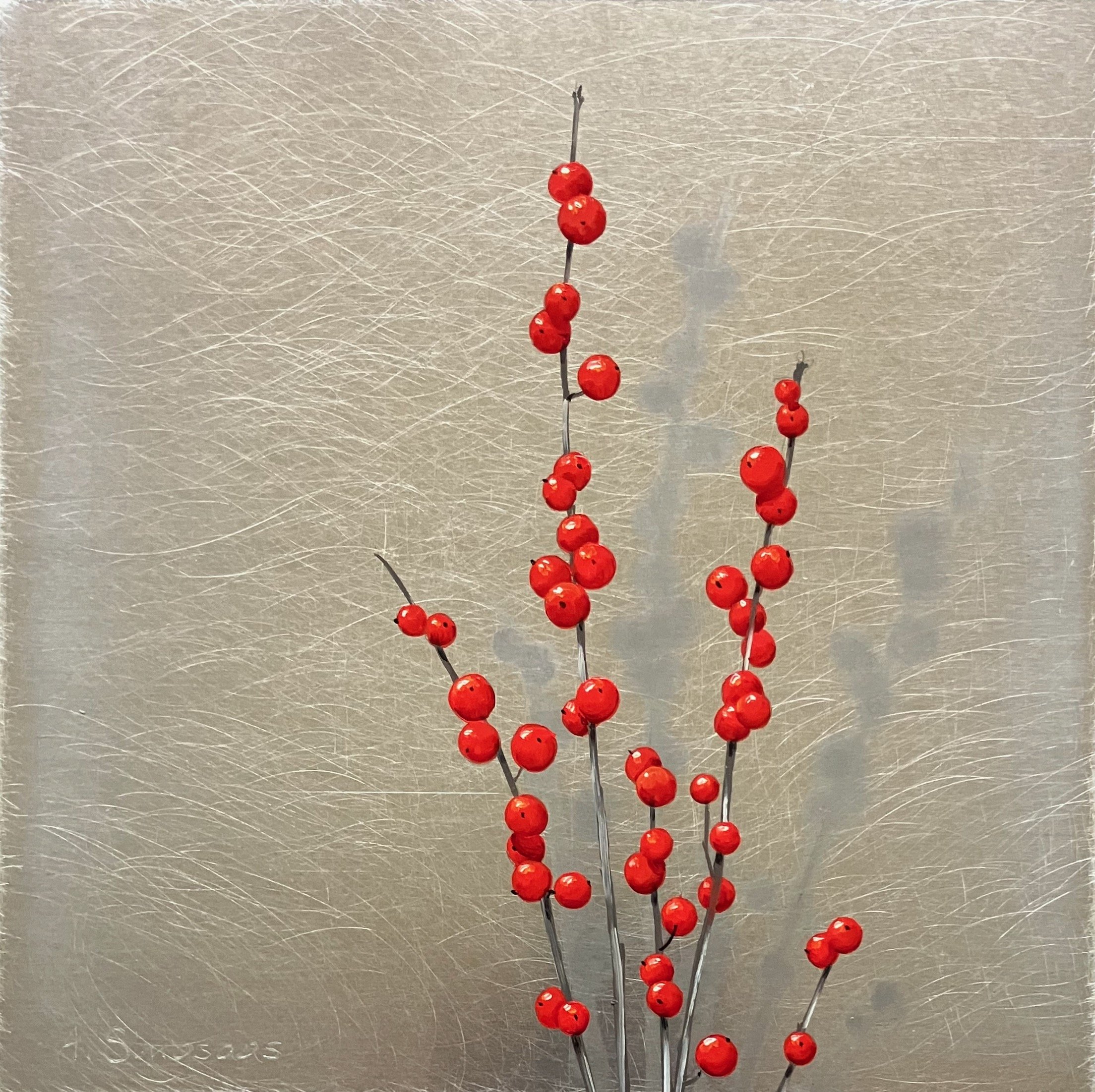"Trya Winterberries"  8"x8" oil on aluminum $225