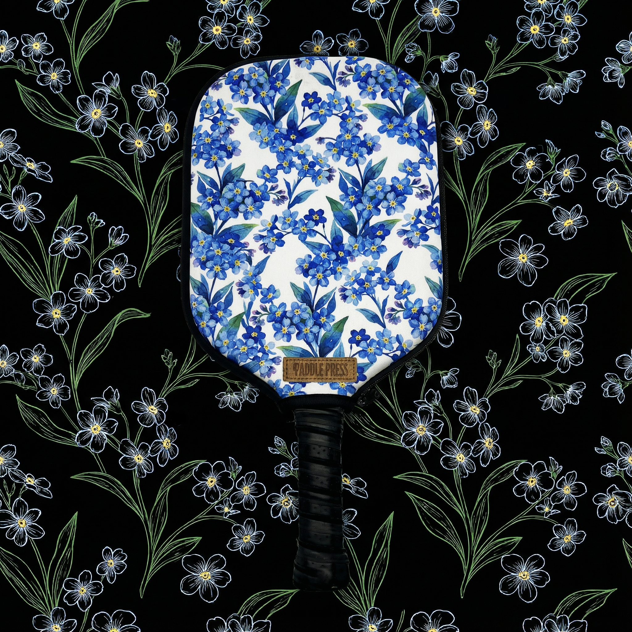 A pickleball paddle cover or pickleball paddle sleeve with a cool floral pattern, feminine, flower pattern on it, labeled 'Paddle Press,' resting on a black background decorated with white and green outlines of small flowers and leaves patterns.
