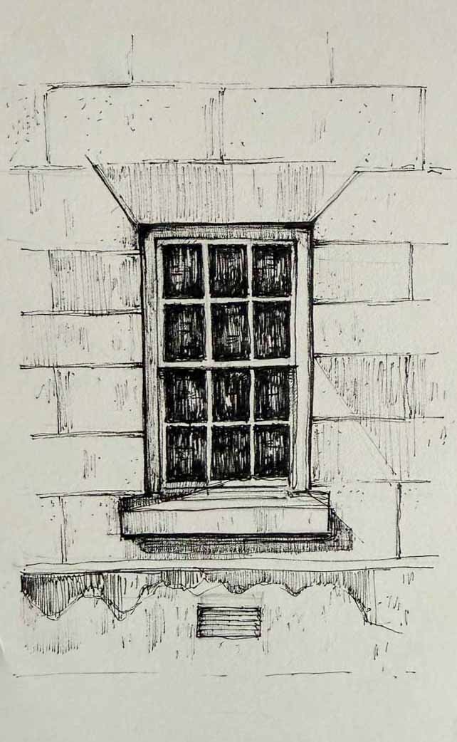 Black ink sketch of a small window with multiple panes set into a brick wall, with a stone sill beneath it and a small vent below the window.