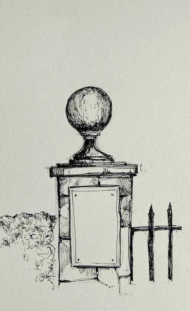 Sketch of a decorative stone gate post with a spherical finial, a rectangular plaque in the center, and an iron fence nearby.