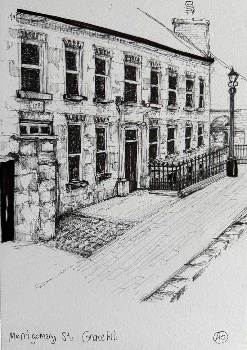 Sketch of a historic building on Montgomery Street, Gracehill, showing stone walls, multiple windows, a street lamp, and a sidewalk with a railing.