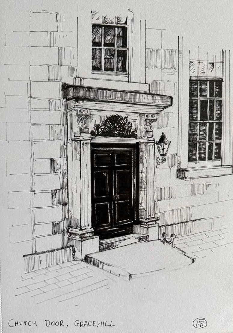 A detailed black and white sketch of a church door at Gracehill, featuring a wooden door, decorative door frame, a small step, and nearby windows with cross-hatched panes.
